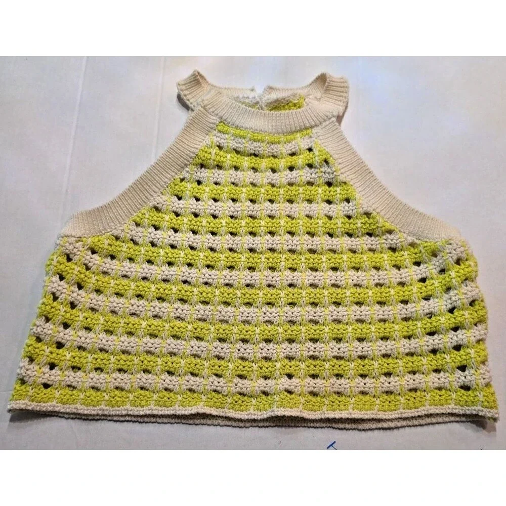 Zara Kids Girls Open Crochet Knit Halter Boho Top Lime Green & Cream Size 13-14